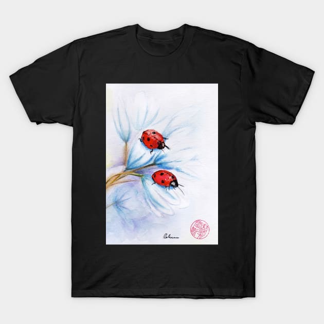 "companions"  ladybugs mixed media painting - watercolor, ink, colored pencil T-Shirt by tranquilwaters